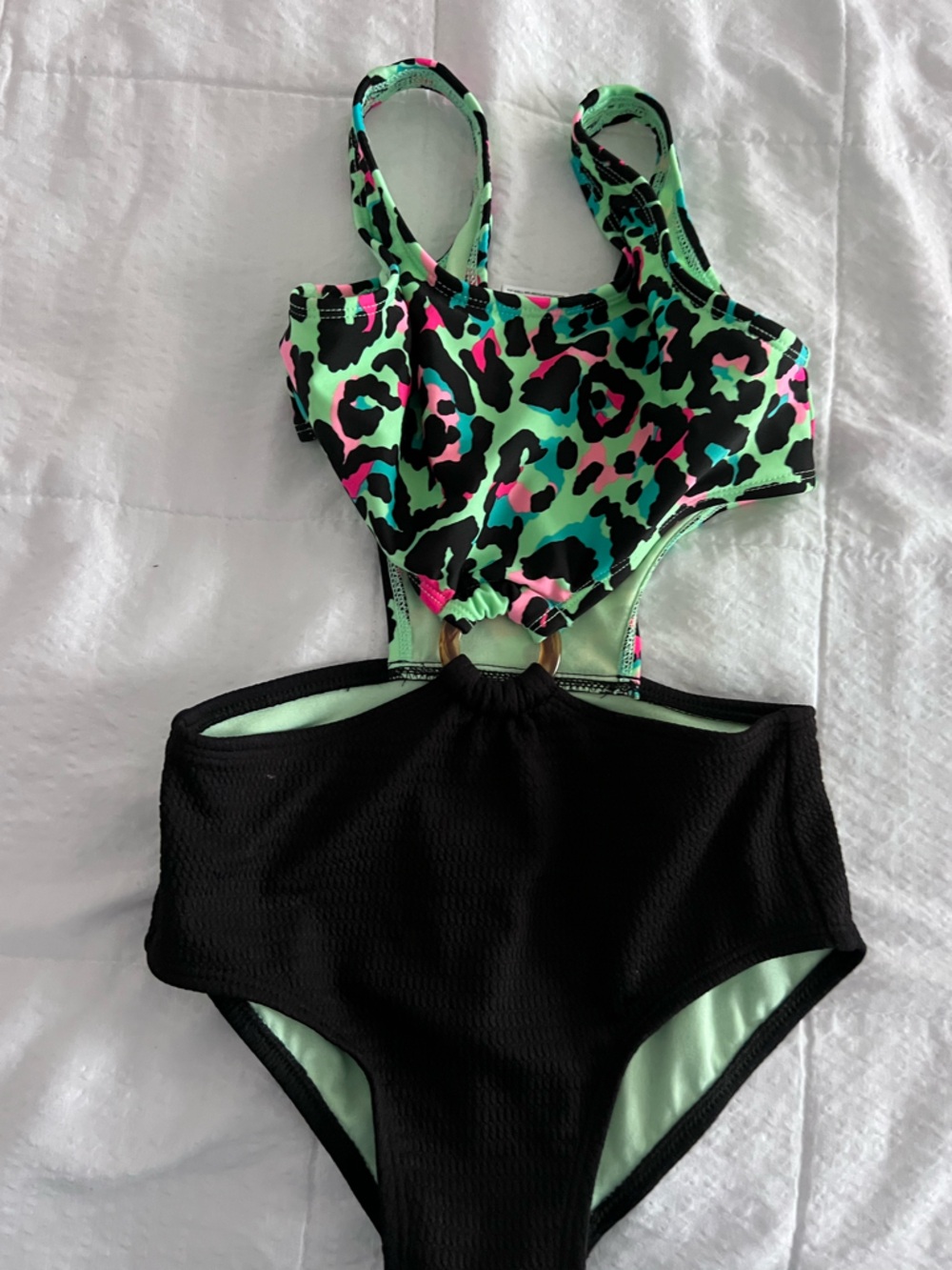 art class Black One-Piece Swimsuit with Mint & Neon Leopard Print